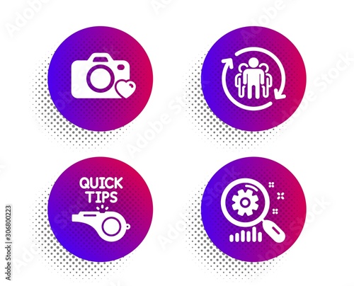 Photo camera, Teamwork and Tutorials icons simple set. Halftone dots button. Search statistics sign. Love photos, Employees change, Quick tips. Analysis. Technology set. Vector