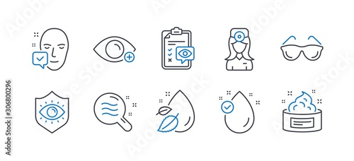 Set of Medical icons, such as Eye checklist, Eyeglasses, Farsightedness, Oculist doctor, Face accepted, Water drop, Vitamin e, Eye protection, Skin condition, Skin cream line icons. Vector