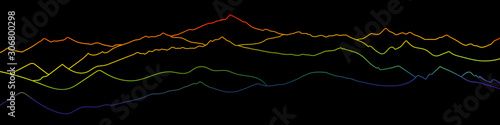 Colored curved lines on a black background, imitation of mountain ranges. Vector design, minimalism.