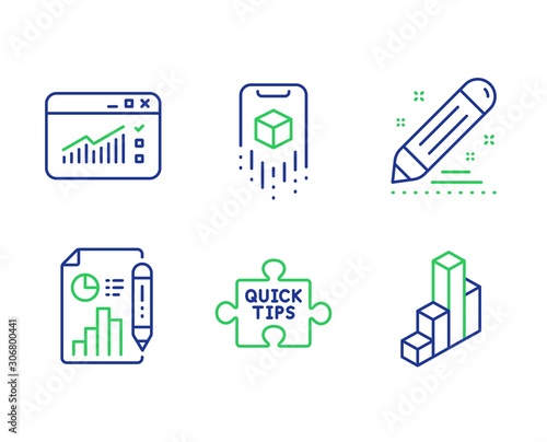 Web traffic, Report document and Augmented reality line icons set. Quick tips, Brand contract and 3d chart signs. Website window, Growth chart, Phone simulation. Tutorials. Science set. Vector