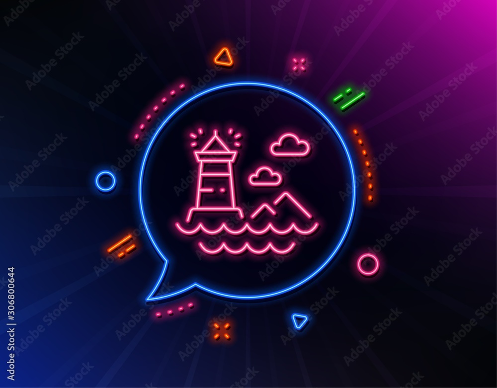 Lighthouse line icon. Neon laser lights. Beacon tower sign. Searchlight building symbol. Glow laser speech bubble. Neon lights chat bubble. Banner badge with lighthouse icon. Vector Lighthouse line icon. Neon laser lights. Beacon tower sign. Searchlight building symbol. Glow laser speech bubble. Neon lights chat bubble. Banner badge with lighthouse icon. Vector