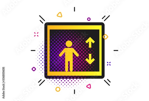 Elevator sign icon. Halftone dots pattern. Person symbol with up and down arrows. Classic flat elevator icon. Vector