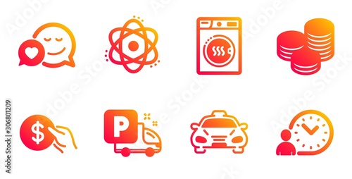 Tips, Atom and Dryer machine line icons set. Dating, Payment and Truck parking signs. Taxi, Time management symbols. Cash coins, Electron. Business set. Gradient tips icons set. Vector