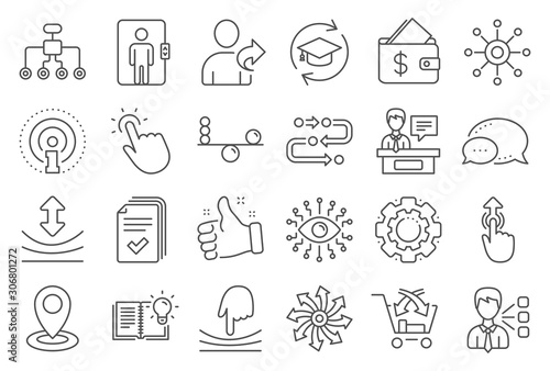 Artificial intelligence, Balance, Refer friend line icons. Continuing education, Methodology and Exhibitors icons. Swipe up, Elastic, Click here, Refer. Cross sell, Third party, Multichannel. Vector