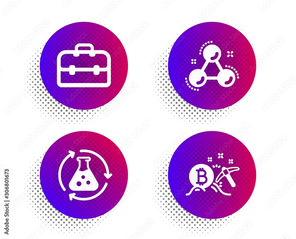 Portfolio, Chemistry experiment and Chemistry molecule icons simple set. Halftone dots button. Bitcoin mining sign. Business case, Laboratory flask, Laboratory atom. Cryptocurrency pickaxe. Vector Portfolio, Chemistry experiment and Chemistry molecule icons simple set. Halftone dots button. Bitcoin mining sign. Business case, Laboratory flask, Laboratory atom. Cryptocurrency pickaxe. Vector