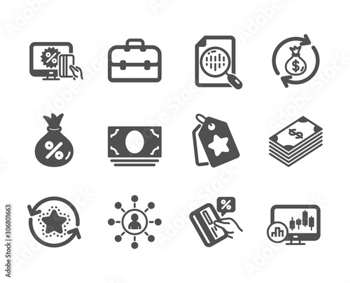 Set of Finance icons, such as Money exchange, Loyalty tags, Portfolio, Credit card, Networking, Dollar, Candlestick chart, Online shopping, Cash money, Analytics chart, Loyalty points. Vector
