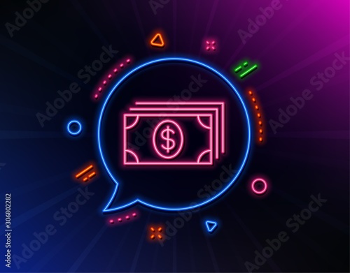 Cash money line icon. Neon laser lights. Banking currency sign. Dollar or USD symbol. Glow laser speech bubble. Neon lights chat bubble. Banner badge with banking icon. Vector
