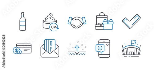 Set of Business icons, such as Shopping, Uv protection, Tick, Wine bottle, Clean skin, Credit card, Payment method, Employees handshake, Weather phone, Arena line icons. Line shopping icon. Vector