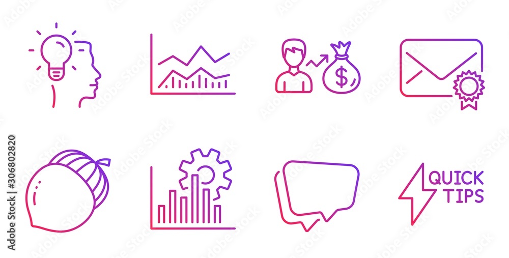 Idea, Trade infochart and Verified mail line icons set. Sallary, Acorn and Speech bubble signs. Seo graph, Quickstart guide symbols. Professional job, Business analysis. Business set. Vector Idea, Trade infochart and Verified mail line icons set. Sallary, Acorn and Speech bubble signs. Seo graph, Quickstart guide symbols. Professional job, Business analysis. Business set. Vector