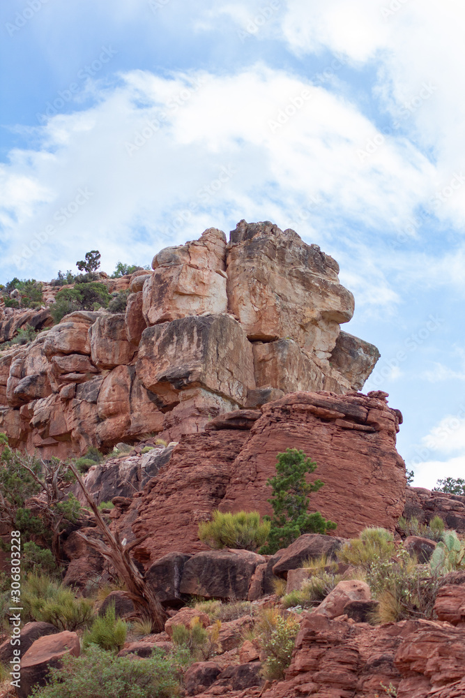 Red Cliffs with Green Trees and White Clouds