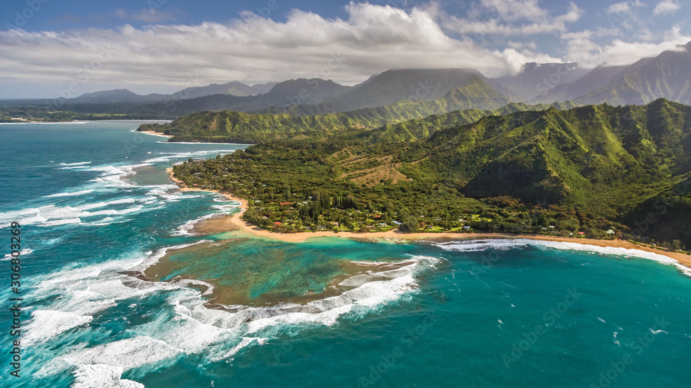 Aerial view of Makua Beach on the North Shore of Kauai, Hawaii