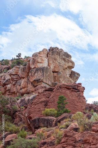 Red Cliffs with Green Trees and White Clouds