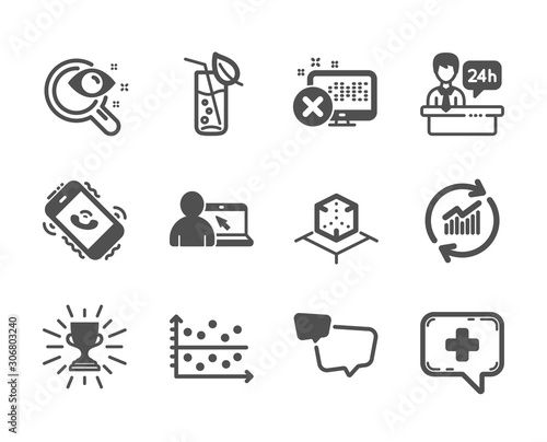 Set of Business icons, such as Medical chat, Call center, Vision test, Trophy, Speech bubble, Augmented reality, Water glass, Reception desk, Online education, Dot plot, Update data. Vector