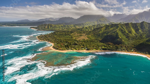 Aerial view of Makua Beach on the North Shore of Kauai, Hawaii