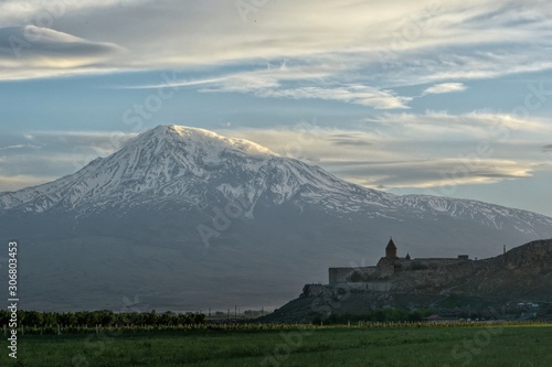 Khor Virap Church in Armenia and Mount Ararat in the background
