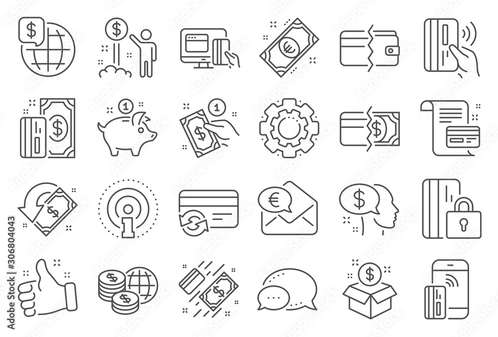 Money wallet line icons. Update credit card, Contactless payment and Piggy bank linear icons. Online payment, Dollar exchange and Fast money send. Private pay, Blocked credit card and Wallet. Vector Money wallet line icons. Update credit card, Contactless payment and Piggy bank linear icons. Online payment, Dollar exchange and Fast money send. Private pay, Blocked credit card and Wallet. Vector