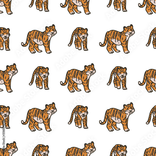 Cute Tiger Cartoon Seamless Vector Pattern. Hand Drawn Widlife Big Cat Tile. All Over Print For Nature Blog, Feline Graphic, Carnivore Home Decor. 