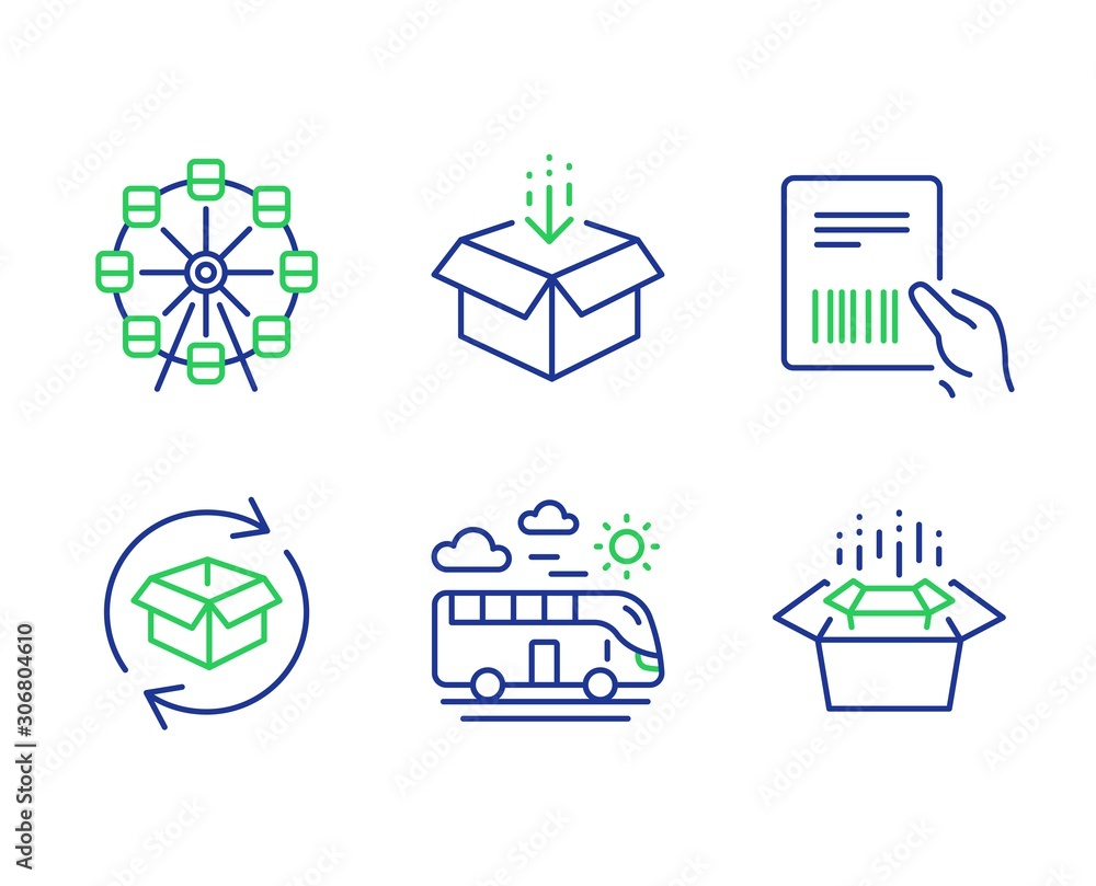 Ferris wheel, Return parcel and Get box line icons set. Parcel invoice, Bus travel and Packing boxes signs. Attraction park, Exchange of goods, Send package. Delivery document. Vector Ferris wheel, Return parcel and Get box line icons set. Parcel invoice, Bus travel and Packing boxes signs. Attraction park, Exchange of goods, Send package. Delivery document. Vector