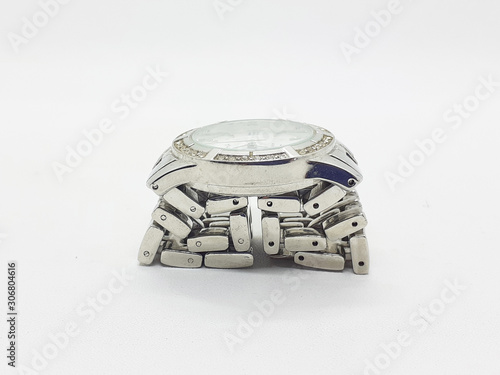 Fototapeta Naklejka Na Ścianę i Meble -  Elegant Luxury Modern Classic Silver Metallic Hand Wrist Watch in White Isolated Background