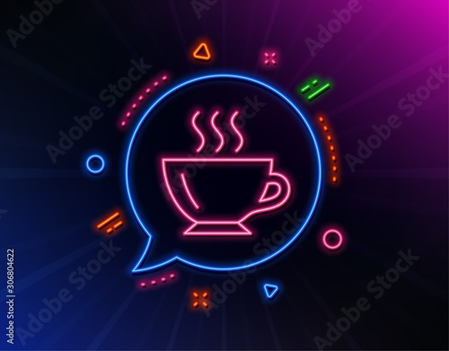 Coffee cup line icon. Neon laser lights. Hot drink sign. Cappuccino symbol. Glow laser speech bubble. Neon lights chat bubble. Banner badge with coffee icon. Vector