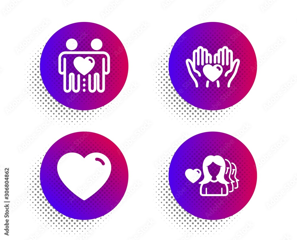 Heart, Hold heart and Friends couple icons simple set. Halftone dots button. Woman love sign. Love feelings, Friendship, Romantic people. Love set. Classic flat heart icon. Vector Heart, Hold heart and Friends couple icons simple set. Halftone dots button. Woman love sign. Love feelings, Friendship, Romantic people. Love set. Classic flat heart icon. Vector