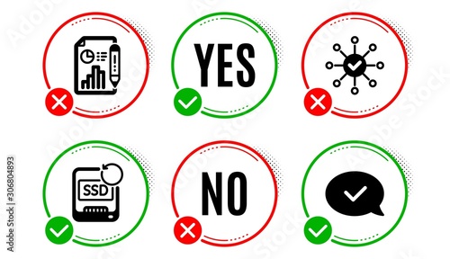 Report document, Recovery ssd and Survey check icons simple set. Yes no check box. Approved message sign. Growth chart, Backup info, Correct answer. Accepted chat. Education set. Vector