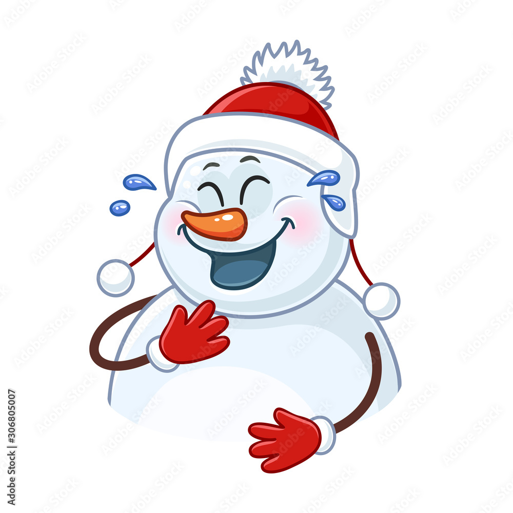 Laughing snowman wearing a hat with pom poms