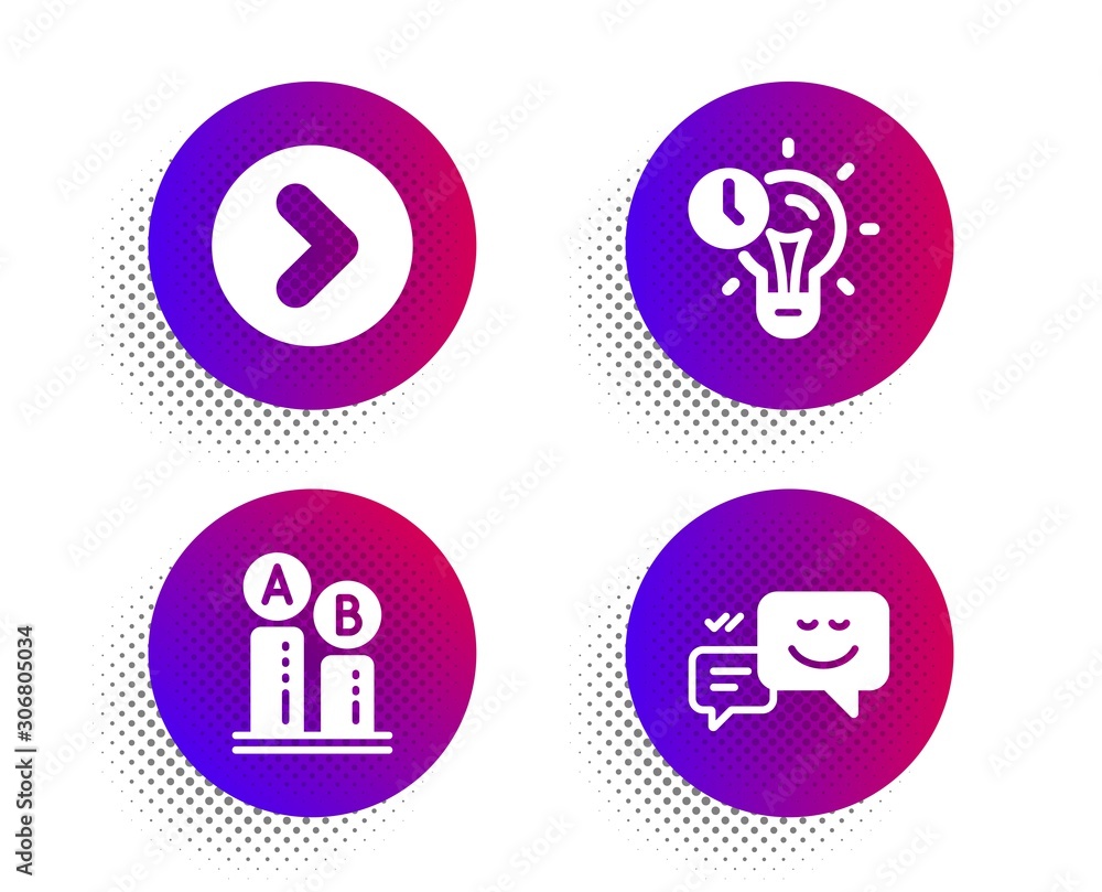 Forward, Ab testing and Time management icons simple set. Halftone dots button. Happy emotion sign. Next direction, Test chart, Idea lightbulb. Web chat. Technology set. Vector Forward, Ab testing and Time management icons simple set. Halftone dots button. Happy emotion sign. Next direction, Test chart, Idea lightbulb. Web chat. Technology set. Vector
