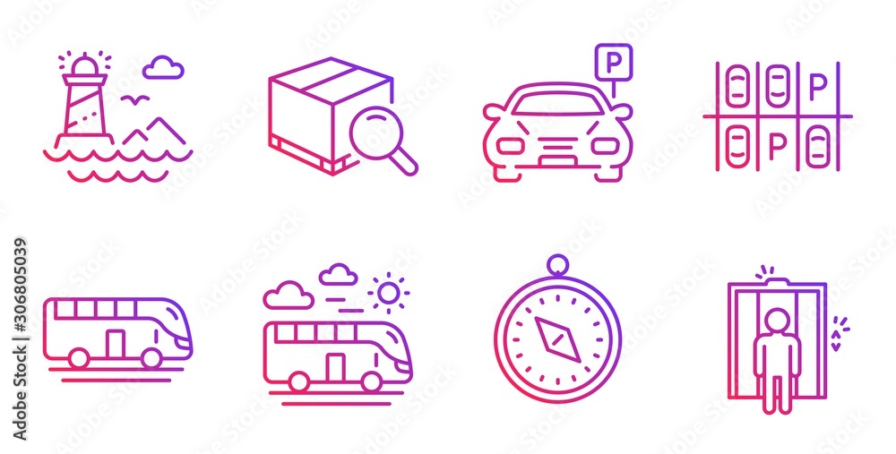 Travel compass, Search package and Parking line icons set. Lighthouse, Parking place and Bus travel signs. Bus tour, Elevator symbols. Trip destination, Tracking service. Transportation set. Vector Travel compass, Search package and Parking line icons set. Lighthouse, Parking place and Bus travel signs. Bus tour, Elevator symbols. Trip destination, Tracking service. Transportation set. Vector