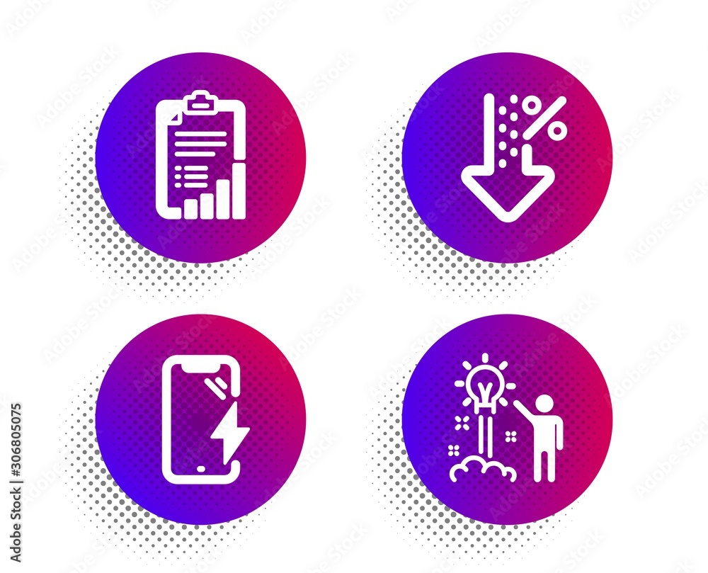 Low percent, Checklist and Smartphone charging icons simple set. Halftone dots button. Creative idea sign. Discount, Graph report, Phone battery. Startup. Technology set. Vector