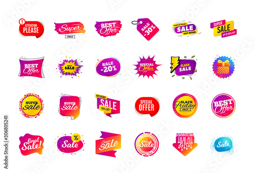 Sale banner badge. Special offer discount tags. Coupon shape templates design. Cyber monday sale discounts. Black friday shopping icons. Best ultimate offer badge. Super discount icons. Vector banners