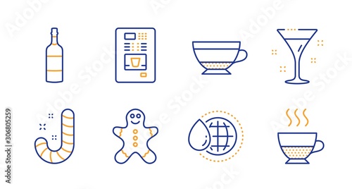 Coffee vending, Cocktail and World water line icons set. Gingerbread man, Candy and Brandy bottle signs. Dry cappuccino, Doppio symbols. Coffee vending machine, Martini. Food and drink set. Vector