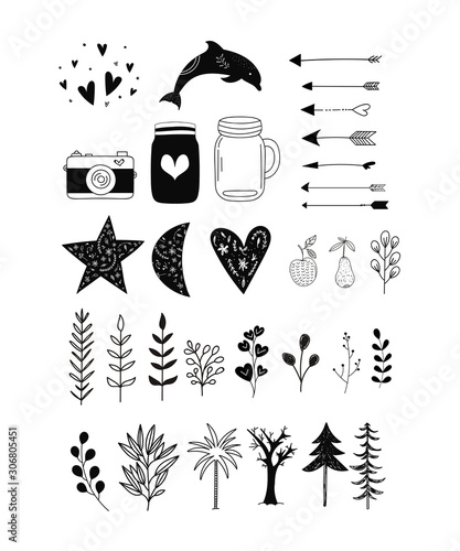 Handdrawn elements: stars, animals, arrows, trees and plants. Vector sketch decorations