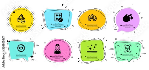 Organic tested, Face detection and Medical tablet line icons set. Chat bubbles with quotes. Eye target, Clean skin and Uv protection signs. Blood donation, Hospital nurse symbols. Vector