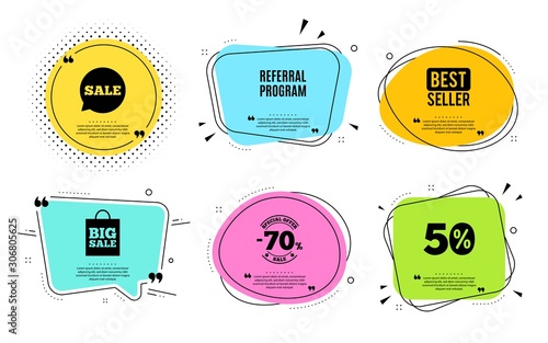 Referral program symbol. Best seller, quote text. Refer a friend sign. Advertising reference. Quotation bubble. Banner badge, texting quote boxes. Referral program text. Coupon offer. Vector