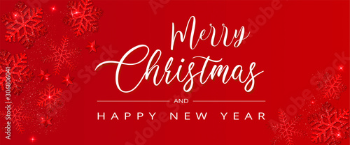 Carte ou bannière de noël et joyeuse année sur fond rouge