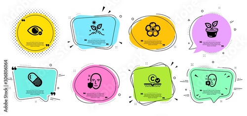 Grow plant, Natural linen and Collagen skin line icons set. Chat bubbles with quotes. Leaves, Face protection and Face declined signs. Myopia, Capsule pill symbols. Leaves, Organic tested. Vector