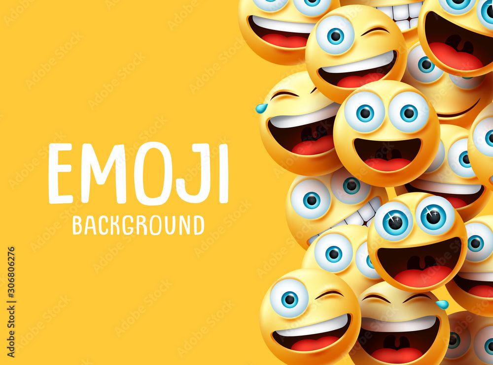 Emojis vector background. Funny smiley emoji background text with