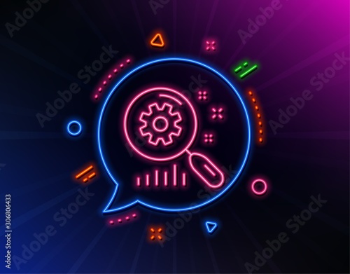 Search statistics line icon. Neon laser lights. Find analysis sign. Glow laser speech bubble. Neon lights chat bubble. Banner badge with search statistics icon. Vector