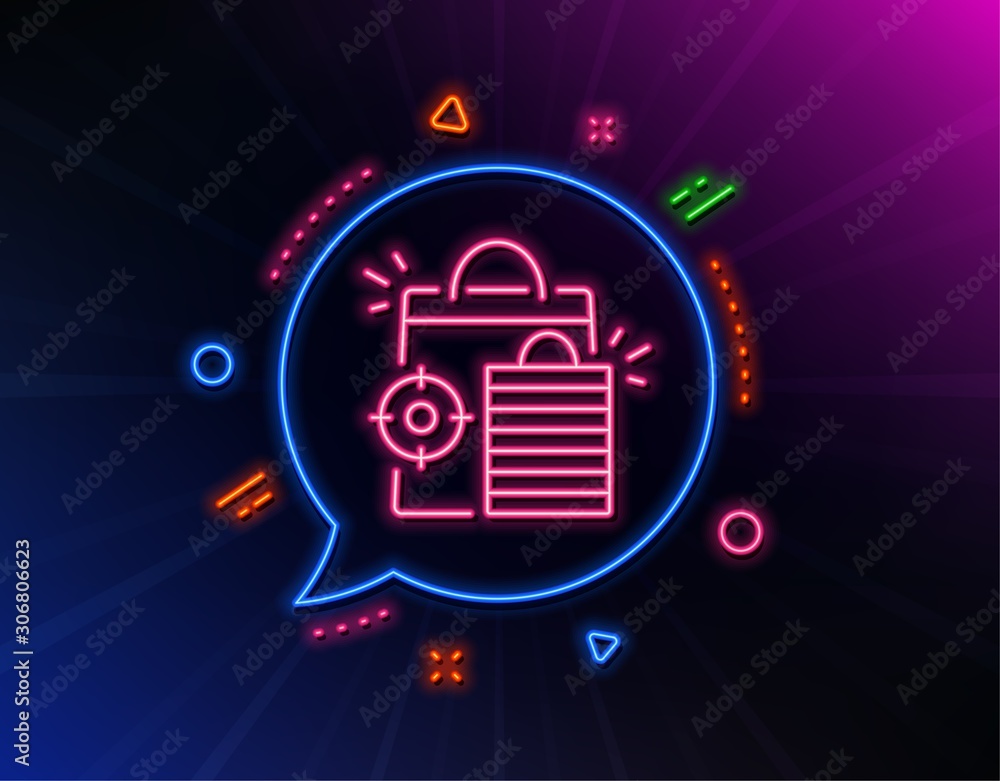 Seo shopping bags line icon. Neon laser lights. Search engine optimization sign. Analytics symbol. Glow laser speech bubble. Neon lights chat bubble. Banner badge with seo shopping icon. Vector