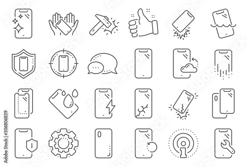 Smartphone protection line icons. Tempered glass, screen protector and water resistant. Phone cover, display glass protection and shockproof device icons. Strong smartphone. Line signs set. Vector