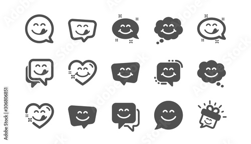 Yummy smile icons. Emoticon speech bubble, social media message, smile with tongue. Tasty food eating emoji face icons. Delicious yummy, happy emoticon. Classic set. Quality set. Vector photo