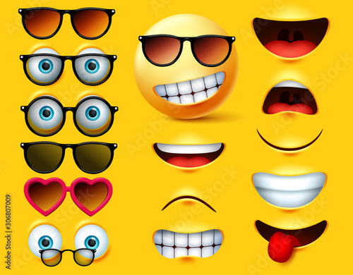 Smileys emoticons with sunglasses vector creation kit. Smiley emojis and emoticon head face kit eye and mouth in surprise, angry, sad, naughty and angry expression isolated in yellow background. 