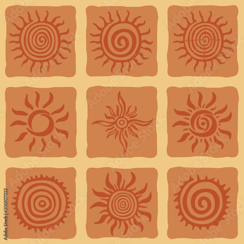 Vintage background, sun symbols in ethnic style