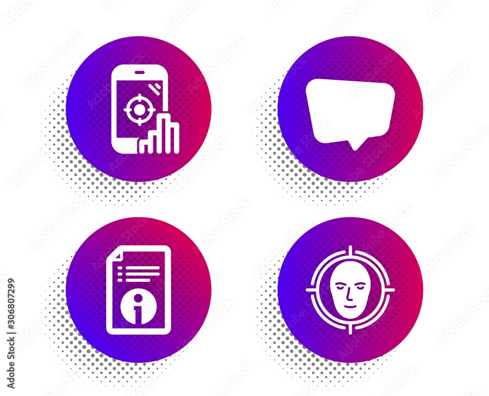 Technical info, Chat message and Seo phone icons simple set. Halftone dots button. Face detect sign. Documentation, Speech bubble, Search engine. Select target. Technology set. Vector Technical info, Chat message and Seo phone icons simple set. Halftone dots button. Face detect sign. Documentation, Speech bubble, Search engine. Select target. Technology set. Vector