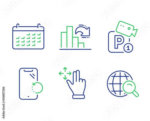 Decreasing graph, Smartphone recovery and Calendar line icons set. Move gesture, Parking security and Internet search signs. Column chart, Phone repair, Business audit. Swipe. Technology set. Vector