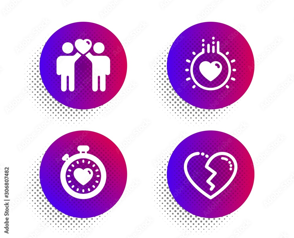 Love, Friends couple and Heartbeat timer icons simple set. Halftone dots button. Broken heart sign. Heart, Friendship, Love stopwatch. Love set. Classic flat love icon. Vector