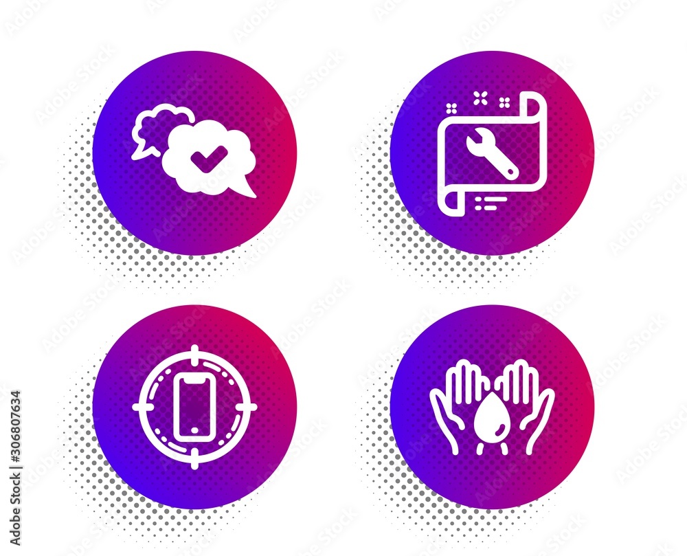 Spanner, Smartphone target and Approved icons simple set. Halftone dots button. Safe water sign. Repair service, Phone, Comic message. Hold drop. Technology set. Classic flat spanner icon. Vector Spanner, Smartphone target and Approved icons simple set. Halftone dots button. Safe water sign. Repair service, Phone, Comic message. Hold drop. Technology set. Classic flat spanner icon. Vector