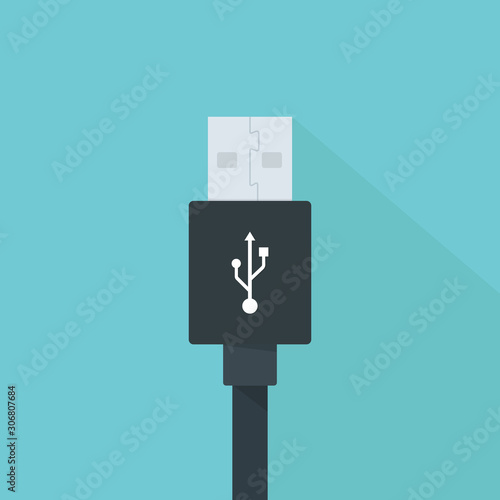 USB cable flat icon with shadow isolated on blue background. USB cable vector illustration in Flat style for graphic and web design, Modern simple vector sign.