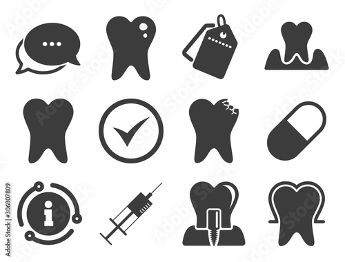 Stomatology, syringe and implant signs. Discount offer tag, chat, info icon. Tooth, dental care icons. Healthy teeth, caries and pills symbols. Classic style signs set. Vector